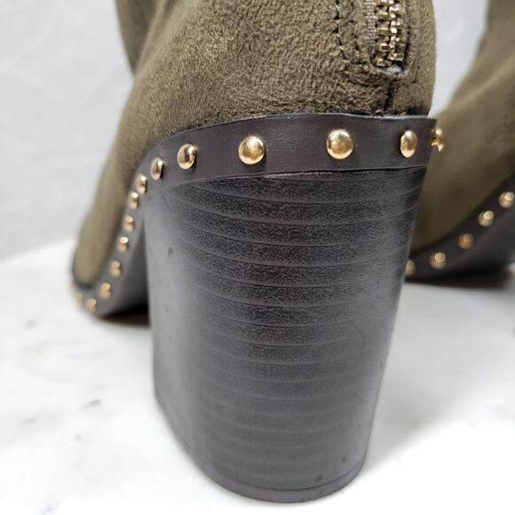 Forever 21 Suede Boots Womens 7 Green Leather Gold Rivets Block Heel Zipper New - Picture 8 of 16